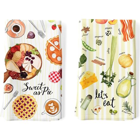 Lot de 2 Torchons de Cuisine Légumes Nourriture Décoratif Essuie Main Absorbante 100% Coton Café Torchon Vaisselle Saisonnier Cadeaux pour Crémaillère et Cuisine 48 cm x 70 cm (1/5)