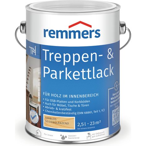 Remmers Treppen- & Parkettlack farblos seidenglänzend, 2,5 Liter, Holz und Parkett Versiegelung für innen, Versiegelungslack zum Streichen, abriebfest (1/4)