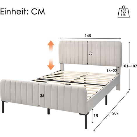 Cama tapizada 140 x 200 cm con somier de láminas y cabecero ajustable, gris beige, lino - HOMVRA (1/5)