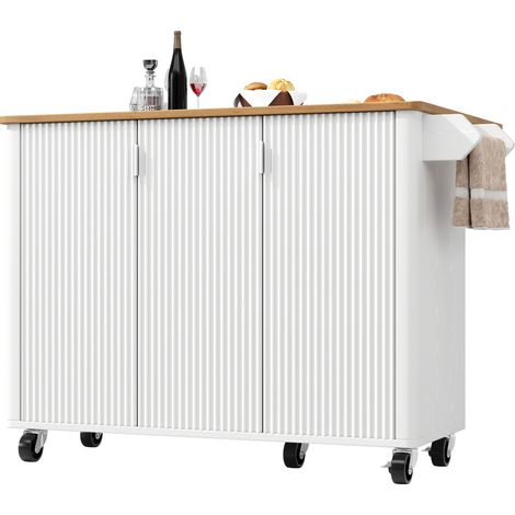 CHICFURN Isola da cucina mobile 130x45(75)x92 cm in MDF bianco effetto legno, 3 ante (1/5)