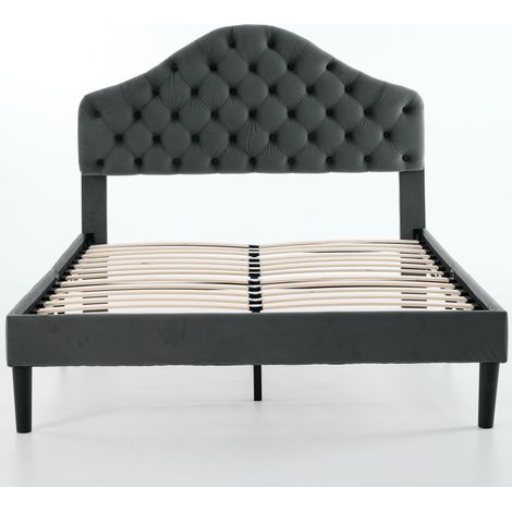 CAIziLit plateforme 140x200, velours gris, tête de lit réglable, lattes bois (1/5)