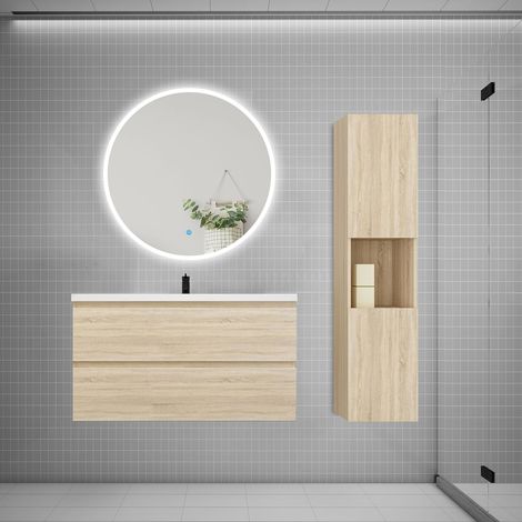 AICA Ensemble meuble vasque L.99cm 2 tiroirs + lavabo + LED miroir rond 90cm + colonne,chêne