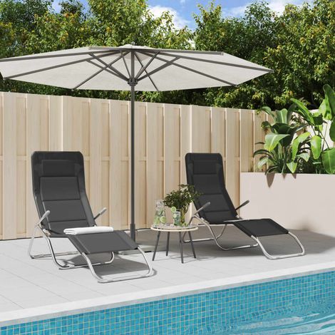 2 pcs Chaises longues pliables, Transats, Bain de soleil, Chaises de jardin noir textilène et acier ZSE5634 (1/5)