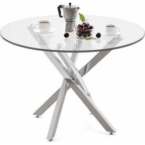 Mesa de comedor redonda 80x80x75 cm de vidrio templado con patas de metal plateado (1/5)