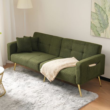 Divano trasformabile 175 cm, 2 posti, con schienale regolabile, funzione letto, cuscini, tasche laterali, piedi in metallo dorato, mobile soggiorno in sherpa - Verde