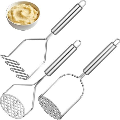 Pièces Presse Puree Manuel Acier Inoxydable, Ecrase Pomme de Terre Potato Masher 3 Têtes (Motif linéaire Carré) Ustensiles de Cuisine pour Légumes et Fruits Compatible lave Vaisselle (1/5)