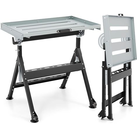 COSTWAY Tavolo da Lavoro Pieghevole, Banco da Lavoro Portatile con Piattaforma Inclinabile e Altezza Regolabile a 4 Livelli, 2 Ruote, con 3 Slot e 2 Portautensili, Capacità di Carico 180 KG (1/5)