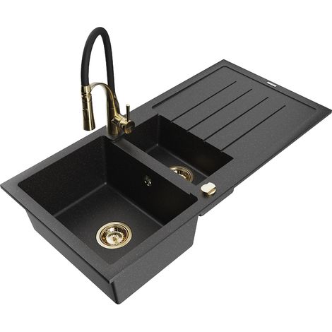 Mexen Andres Granitspüle 1,5-fach mit Abtropffläche und Küchenarmatur Aster, schwarz/silber - 6515-73-73450-57-G (1/5)