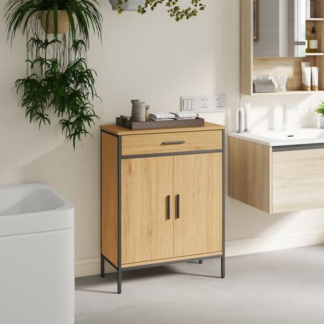 Meuble de salle de bain, étagères à deux niveaux, grand tiroir, style industriel, aspect chêne (1/5)