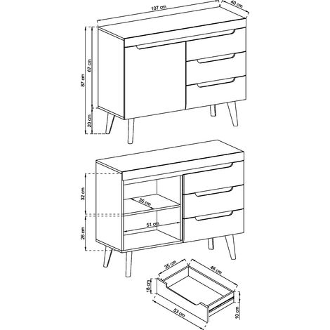 Commode SUDBURRY NKSZ107 - Blanche - Front en Brillant - 3 Tiroirs - Largeur 107 cm, Hauteur 83 cm, Profondeur 40 cm (1/4)