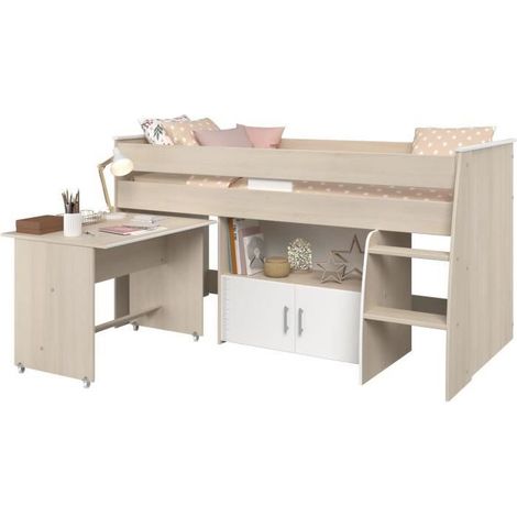 M&S – Lit combiné enfant 90x200 cm avec bureau sur roulettes – 2 portes de rangement – Décor acacia clair et blanc
