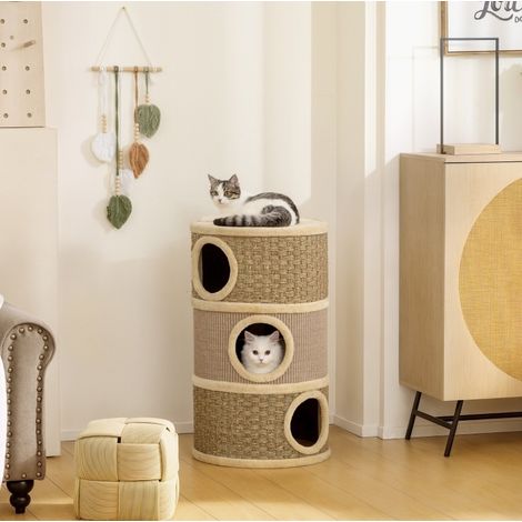 Tiragraffi per gatti 79 cm Ø45 cm, 3 livelli in sisal e poliestere, kaki marrone FloraGrace (1/5)