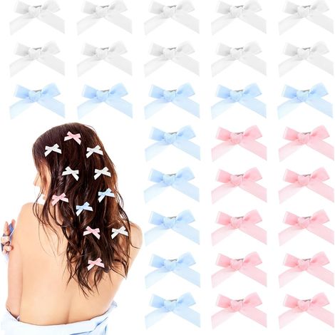 Lot de 30 mini barrettes satin à nœud antidérapant, épingles kawaii métal pour femme et fille (rose, bleu, blanc). (1/5)