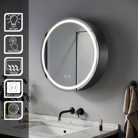 SIRHONA Armoire de toilette ronde à LED avec prise rasoir désembuage 3 modes d'éclairage 600x600mm Armoire murale de salle de bain (1/5)