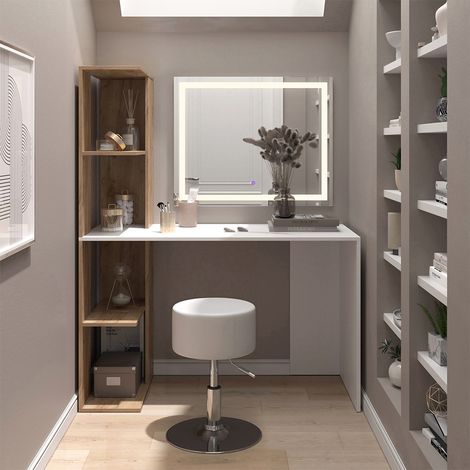 Schminktisch Tower, Weiß/Sonoma, 122.2 cm mit LED-Spiegel und Hocker, Vicco