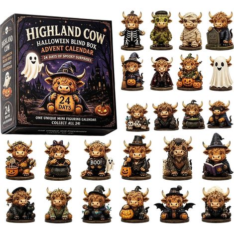 Calendrier de l'Avent 2026 - 24 cases - marron, blanc, orange - acrylique - dimensions 27 x 19 x 4 cm - Figurines de vaches des Highlands à collectionner - Idéal pour Halloween, décoration de table ou (1/5)