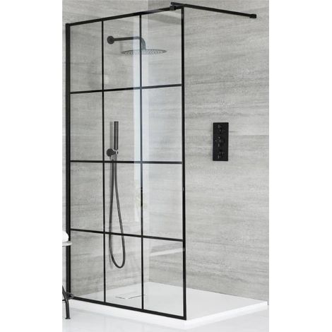 Milano Barq Black Walk In Wet Room Shower Enclosure with Grid Pattern Screen Support Arm and White Slate Effect Tray - 900mm x 800mm (1/5)