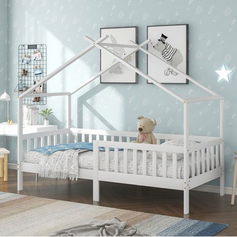 Cama infantil casita con barandilla madera blanca OKMYHOME (1/5)