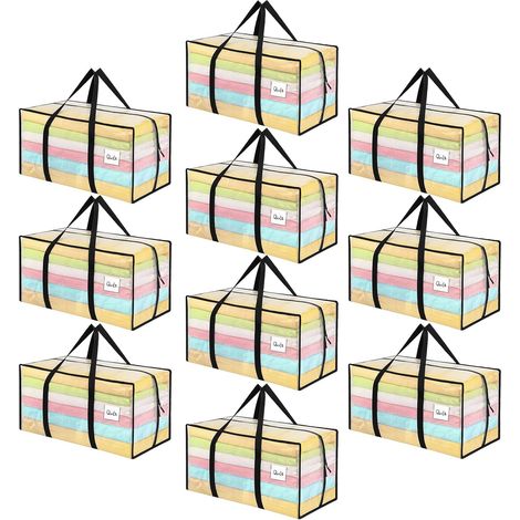 Lot de 10 sacs de rangement robustes de 90 l - Grands cartons de déménagement transparents avec fermeture éclair - Pliable - Boîte de rangement pour déménagement, camping, linge de lit (1/5)