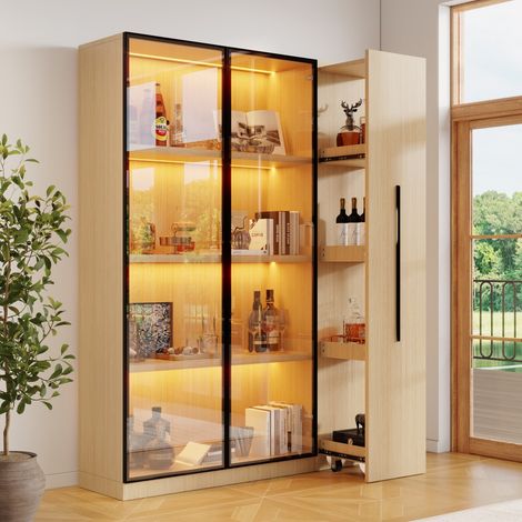 Vetrina 110x35x160 cm - Grande mobile contenitore multifunzionale 2 in 1 con libreria scorrevole e LED - Rovere (1/5)