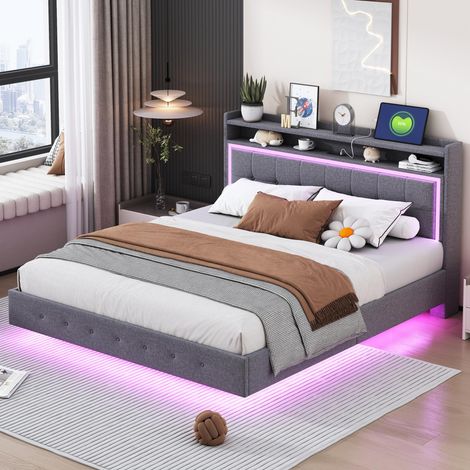 Lit rembourré 160 x 200 cm, avec prise USB et lampe LED, sommier escamotable, pieds dissimulés, lit double plat, revêtement en lin gris