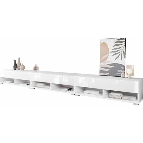 Meuble TV Sarasota 144, Blanc + Blanc brillant, Le nombre de portes: 3, Nombre de tiroirs: 0, 300x30x33cm