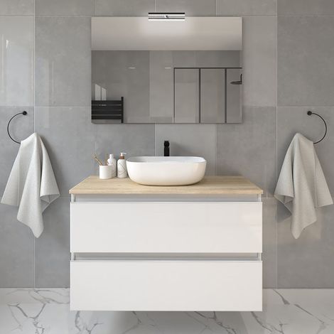 Meuble de salle de bain 2 tiroirs avec vasque à poser arrondie - blanc - BALEA - 100cm (1/5)