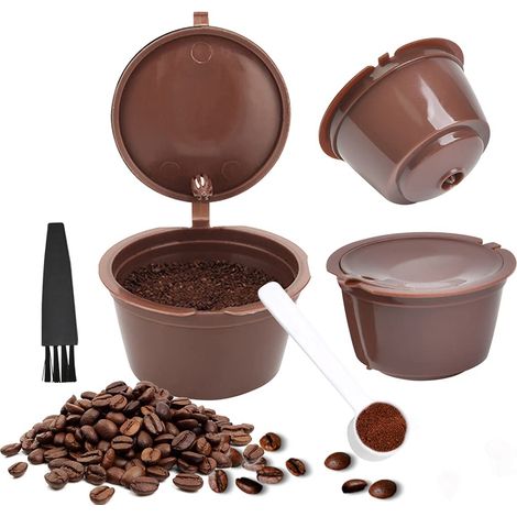 3PCS Filtres à Café Non Jetables, Réutilisables Capsules Rechargeables à Cafe, Compatibles avec Machines Nescafe Dolce Gusto avec 1 Cuillère à Café et 1 Brosse à Nettoyer -Marron (1/5)