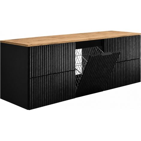 Meuble sous-vasque suspendu 160 cm, 4 tiroirs, 1 porte, fermeture douce, panier à linge, Noir / Plan chêne Craft, poignées noires, 160 x 46 x 57 cm