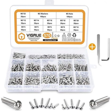 570 pezzi di bulloni a testa bombata esagonale M3 in acciaio inossidabile, kit assortimento di viti e dadi M3 x 4/5/6/8/10/12/14/16/18/20/25 mm con rondella piatta, completamente filettati. (1/5)