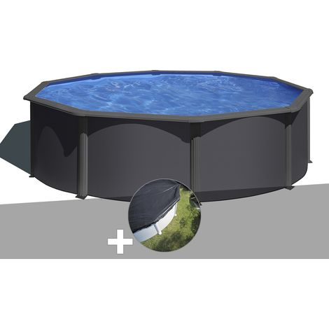 Kit piscine acier gris anthracite Gré Louko ronde 4,80 x 1,22 m + Bâche d'hivernage
