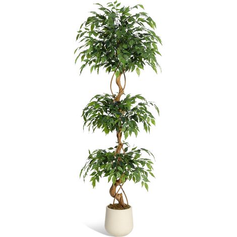 Figuier pleureur artificiel d’intérieur en soie - Troncs courbés, feuillage réaliste, jardinière/pot blanc, sans entretien, déco salon/bureau/entrée - Hauteur 180 cm (6ft)
