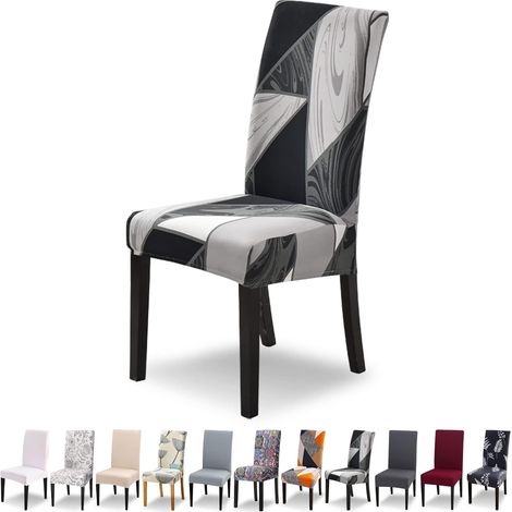 Juego de 6 fundas de silla universales lavables con un diseño moderno, ideal para comedores, restaurantes o decoración de hoteles, patrón geométrico negro.