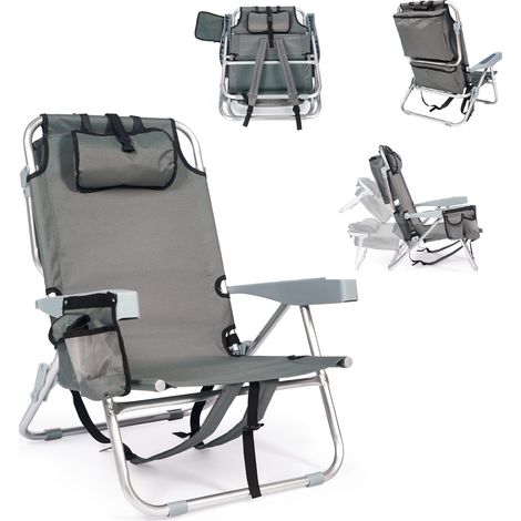 Sedia Mare Pieghevole Zaino Reclinabile con Borsa Frigo, Spiaggina Da Spiaggia Portatile in Alluminio Multiposizione, Porta Bicchiere, Tasche e Cuscino, Portata 120 kg per Mare, Campeggio e Piscina (1/5)