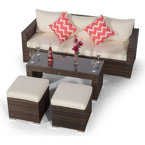 Giardino Sydney Rattan 3 Seater Sofa Set with Coffee Table and 2 Stools - Brown (1/5)