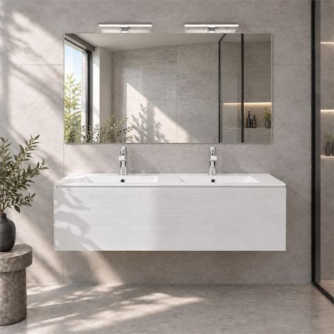 Mobile Bagno Sospeso Bianco 120 Cm Con Cassetto, Doppio Lavabo, Specchio E Lampade Berlin (1/5)