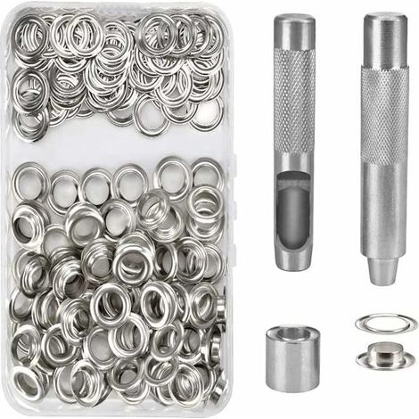 Kit de 100 ojales, herramientas metálicas para ojales, kit de ojales de 14 mm para reparación de lonas, toldos y tiendas de campaña, color plata (1/4)