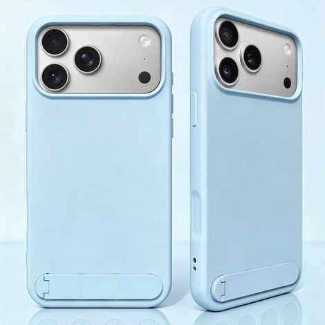 (Bleu clair, iPhone 17 Pro Max) Coque de téléphone en silicone liquide avec support pliable, résistante aux chocs et aux chutes.