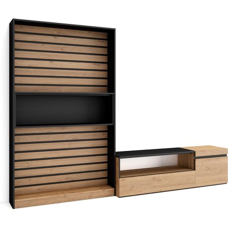 Skraut Home - Mobile Soggiorno TV, Parete Attrezzata Soggiorno, 260x186x35cm, Per TV fino a 65", Set di mobili, Stile moderno, Rovere e nero (1/5)