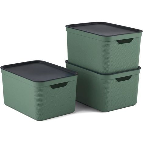 Boîtes de rangement empilables avec couvercle - Lot de 3 - Vert anthracite - 16 L - 36,5 x 27 x 27 cm (1/4)