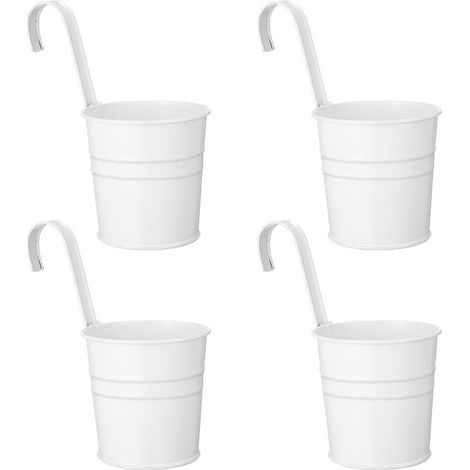 Lot de 4 pots de fleurs suspendus style shabby - En métal - Avec crochet - Pour extérieur, balcon, jardin - Blanc (1/5)