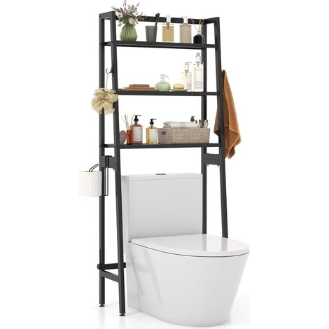 COSTWAY Estantería para Inodoro WC, Estante de Almacenamiento para Inodoro con 3 Estantes, Barra Inferior Ajustable, Soporte para Papel, 2 Ganchos, Mueble de Baño de Metal para Baño, Balcón (Negro)