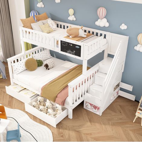 Lit superposé enfant 90x200 cm en bois massif blanc avec tableau, tiroirs et rangement (1/5)