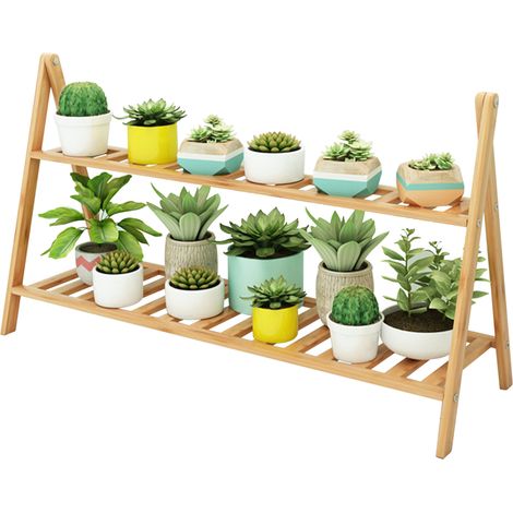 Soporte para plantas de bambú de varios niveles - Soporte robusto para plantas para sala de estar y balcón (Alto: 45/66 cm, Ancho: 50/60/80 cm, 1 pieza) (1/5)