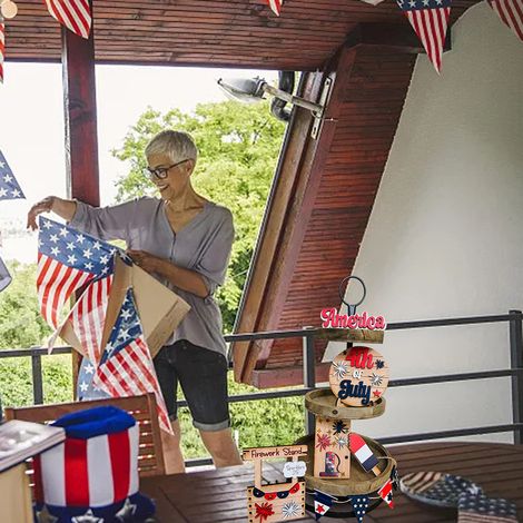 Décoration de plateau à étages pour le 4 juillet, panneau en bois patriotique pour la fête de l'indépendance, étoile américaine, décoration rustique en bois pour la maison (1/5)