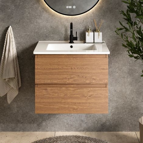 Badezimmermöbel Norvi - 60 cm - Warme Eiche - Weißes Waschbecken (1/5)