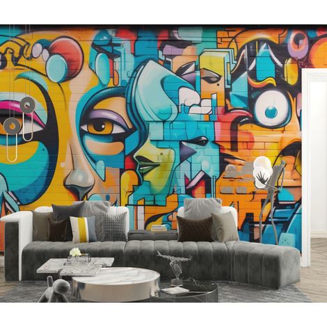 Papier peint graffiti - visages abstraits colorés style street art - 150 x 250 cm (1/2)