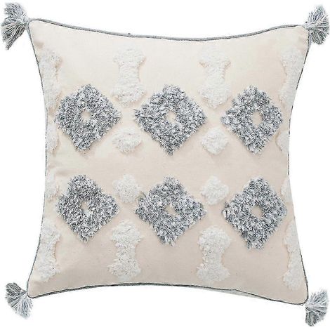 Taie d'oreiller carrée brodée et capitonnée, style nordique marocain, avec pompons faits main (6 passepoils carrés à pompons capitonnés) (1/5)