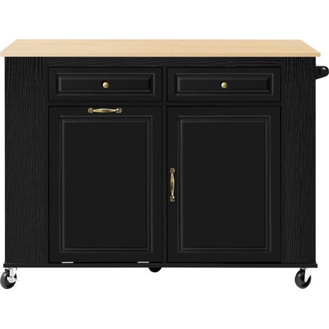Îlot de cuisine mobile avec plateau extensible, espace poubelle et porte-serviettes, équipé de prises électriques, noir (1/5)