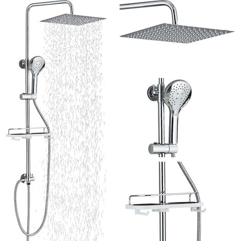 Suguword – Colonne de douche en acier inoxydable 30 x 30 cm – Douchette à main 3 jets – Étagère chromée – Montage facile
